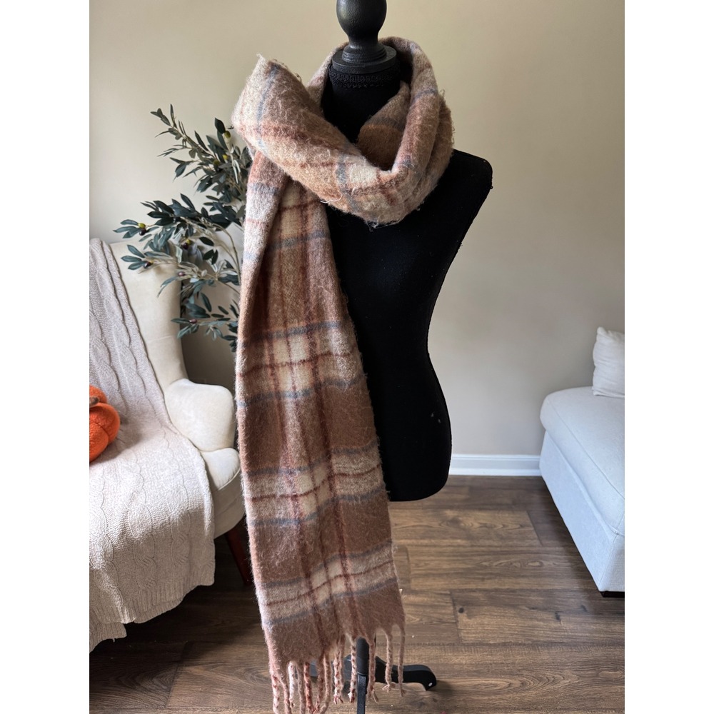 ana A New Approach Brown Plaid Oversized Blanket Scarf Fringe Trim One Size